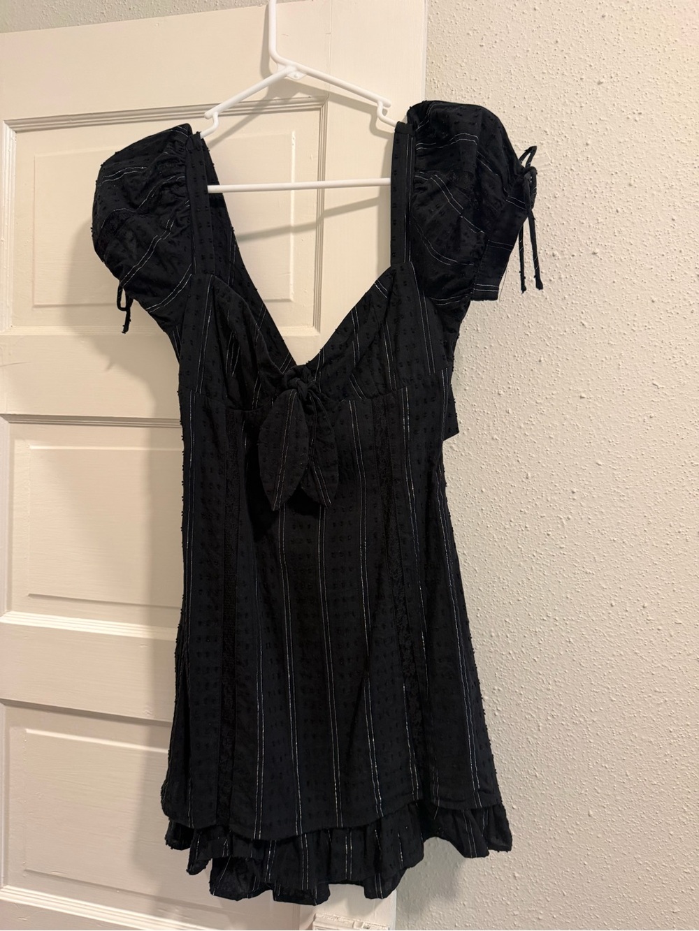 Blue Blush Black Puff-Sleeve Mini Dress with Cutout & Tie